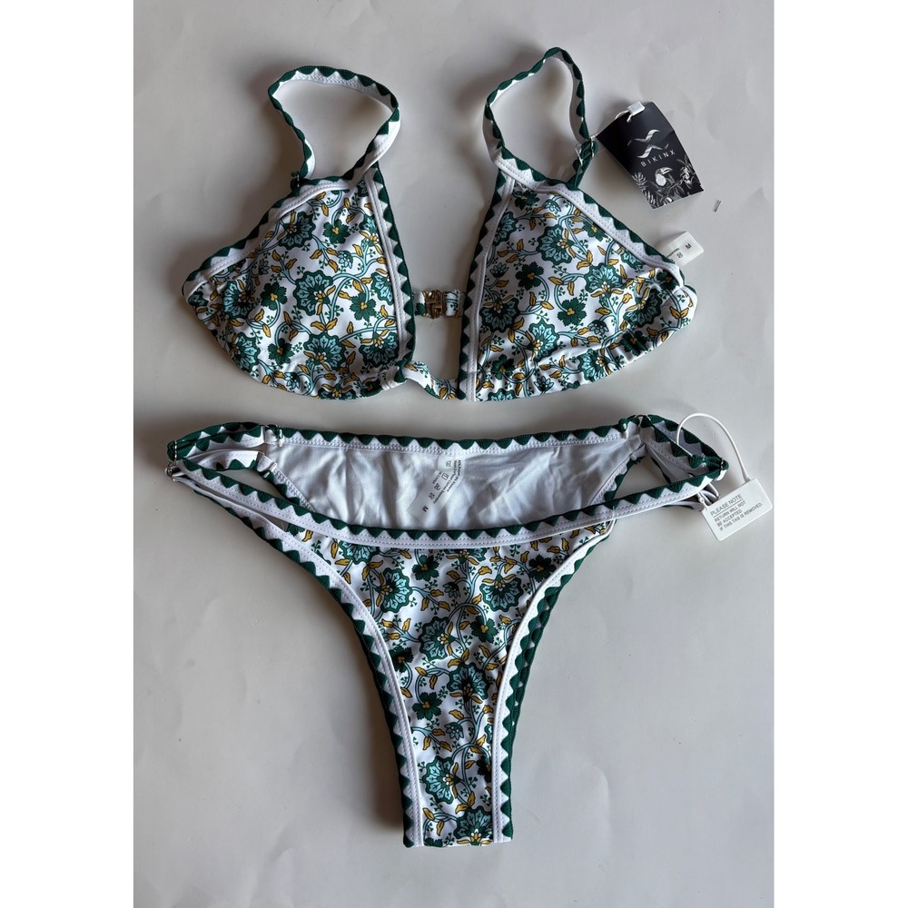 BikinX Women Floral Triangle Bikini Set Green Yellow Scalloped Trim M Cheeky NWT